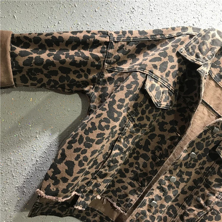 autumn leopard print loose BF lapel long sleeved denim jacket short coat womens denim jacket top Y2K winter coat 241115