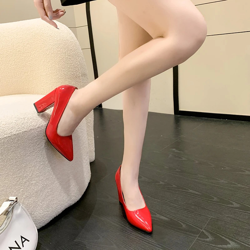 10cm high-heeled color pump womens toe fashionable red 3.9-inch thick high-heeled shoes patent leather womens Plus size 49 50 241115