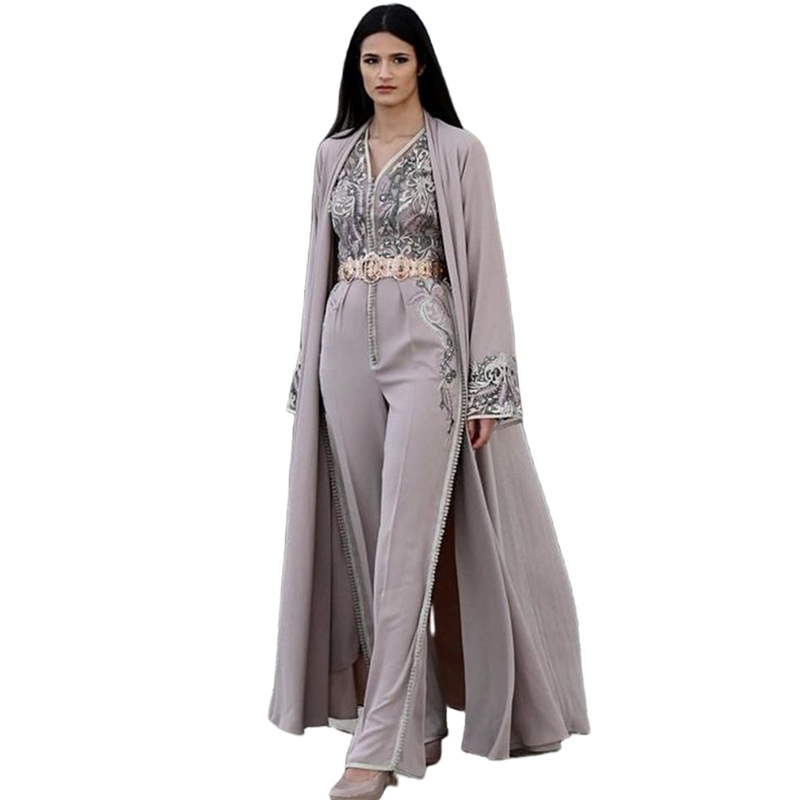 Elegant Moroccan Kaftan Jumpsuits Evening Dresses With Long Sleeves Jacket Lace Appliques Arabic Silver Women Costume Formal Party Gowns 2024 Prom Pan