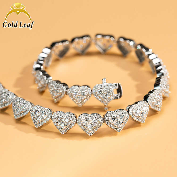 Goldleaf Hot Sale Trendy Heart Shape 925 Silver Gold Plated VVS Moissanite Chain Hiphop Moissanite Cuban Link Necklace