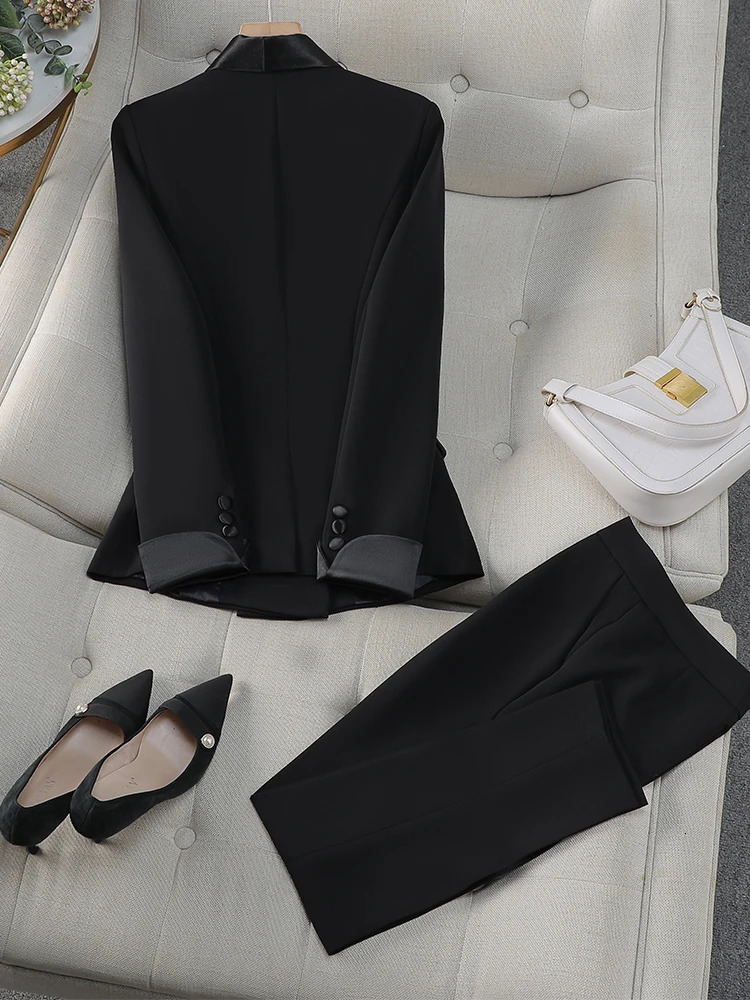 Elegant red and black womens pants set office business work clothes 2piece formal jacket Trouser 241115