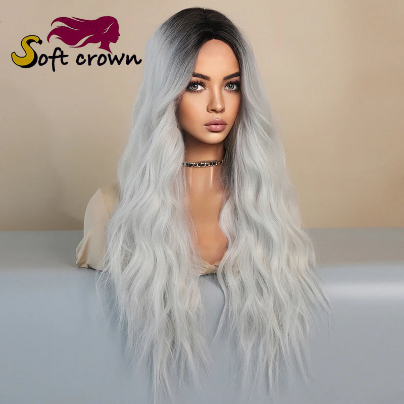 New for Ladies mid length wavy lace wig headpiece with gradient highlights Brown pink Purple hair girl cosplay synthetic wig
