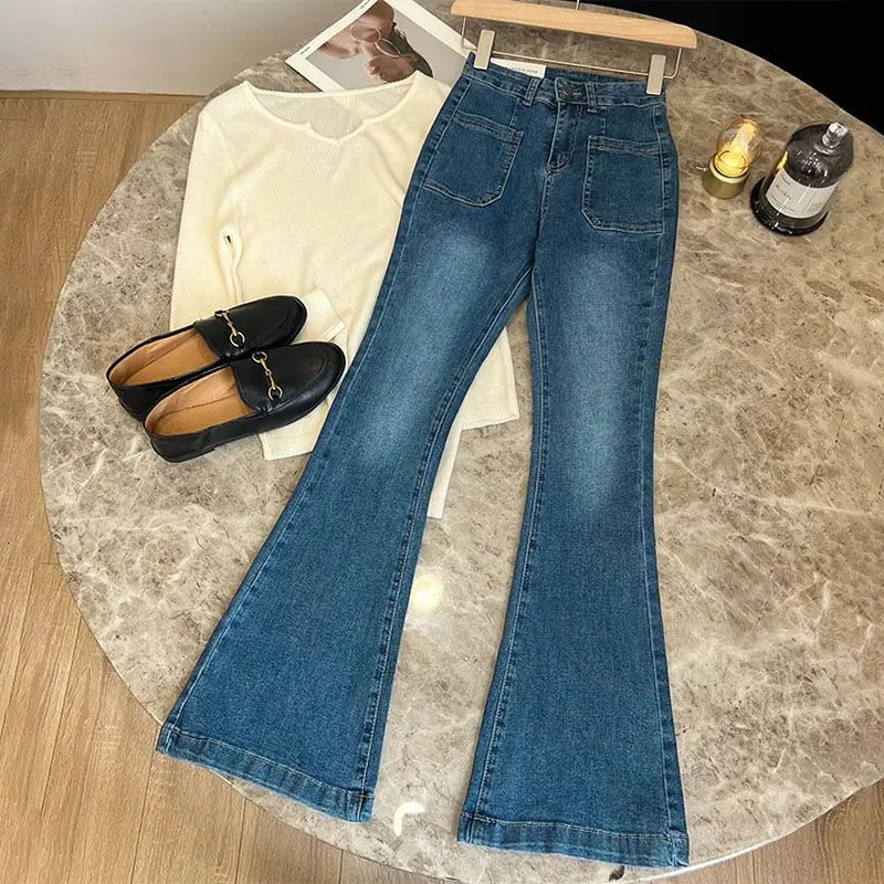 High Waist Trousers Loose Washed Jeans Pockets Slim Denim Flare Classic Women Vintage Stretch Straight Allmatch 241115
