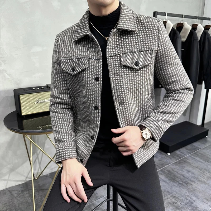 Winter Mens Woolen Jacket Lapel Fur Collar Trench Coat Casual Business Wool Blends Social Streetwear Overcoat Men Clothing 241115