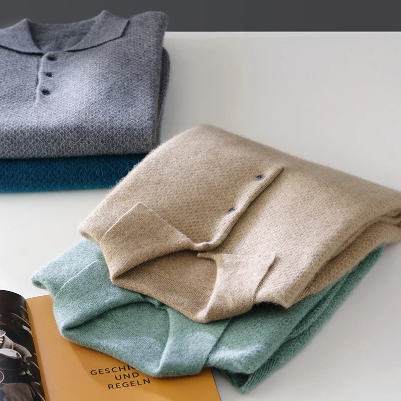 Autumn and winter 100 pure wool mens long sleeved polo neck honeycomb cashmere knitted youth business casual sweater 241112