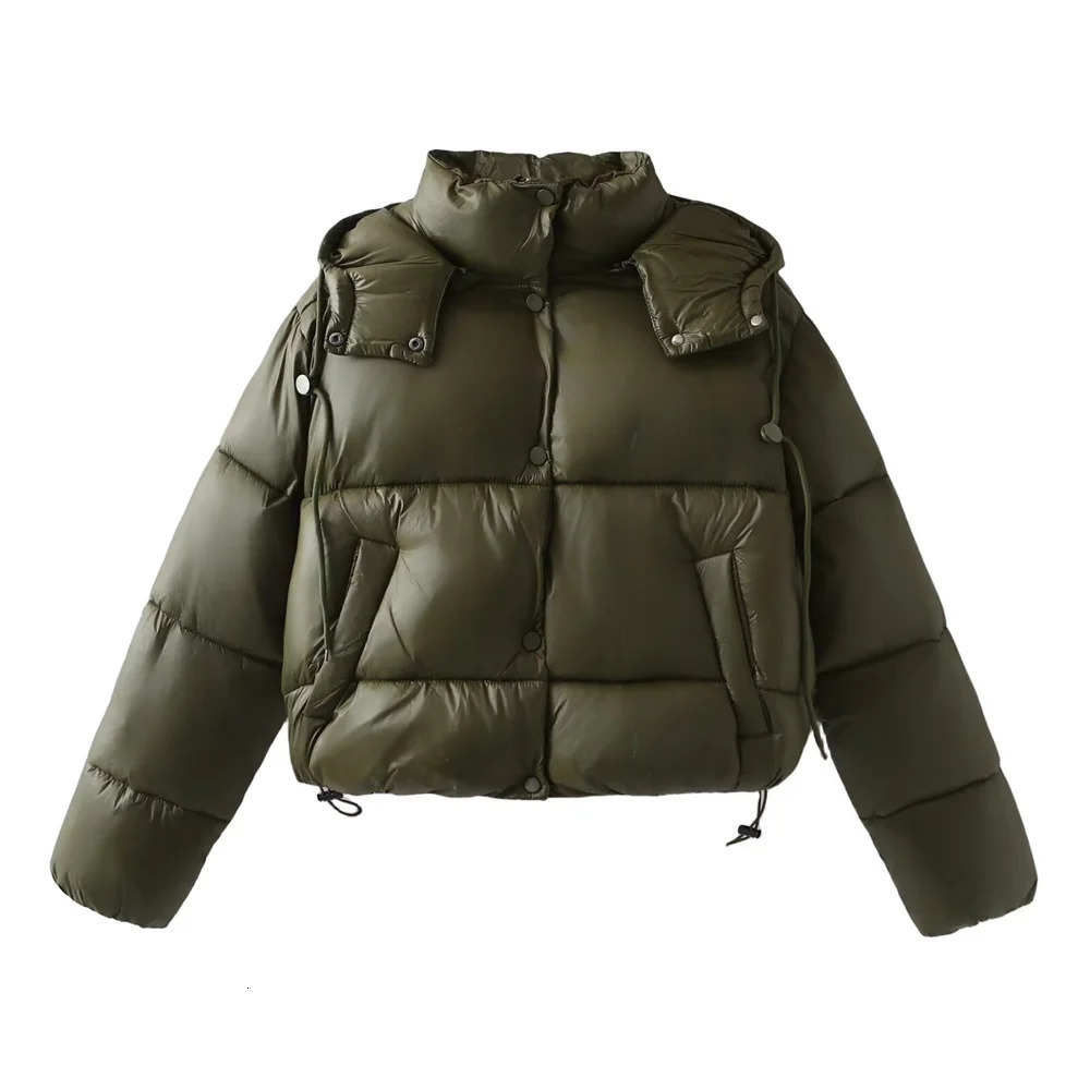 TRAF 2024 Autumn Product Womens Casual Stand up Collar Hooded Long Sleeve Loose Breadwear Short Cotton Jacket Coat 241115