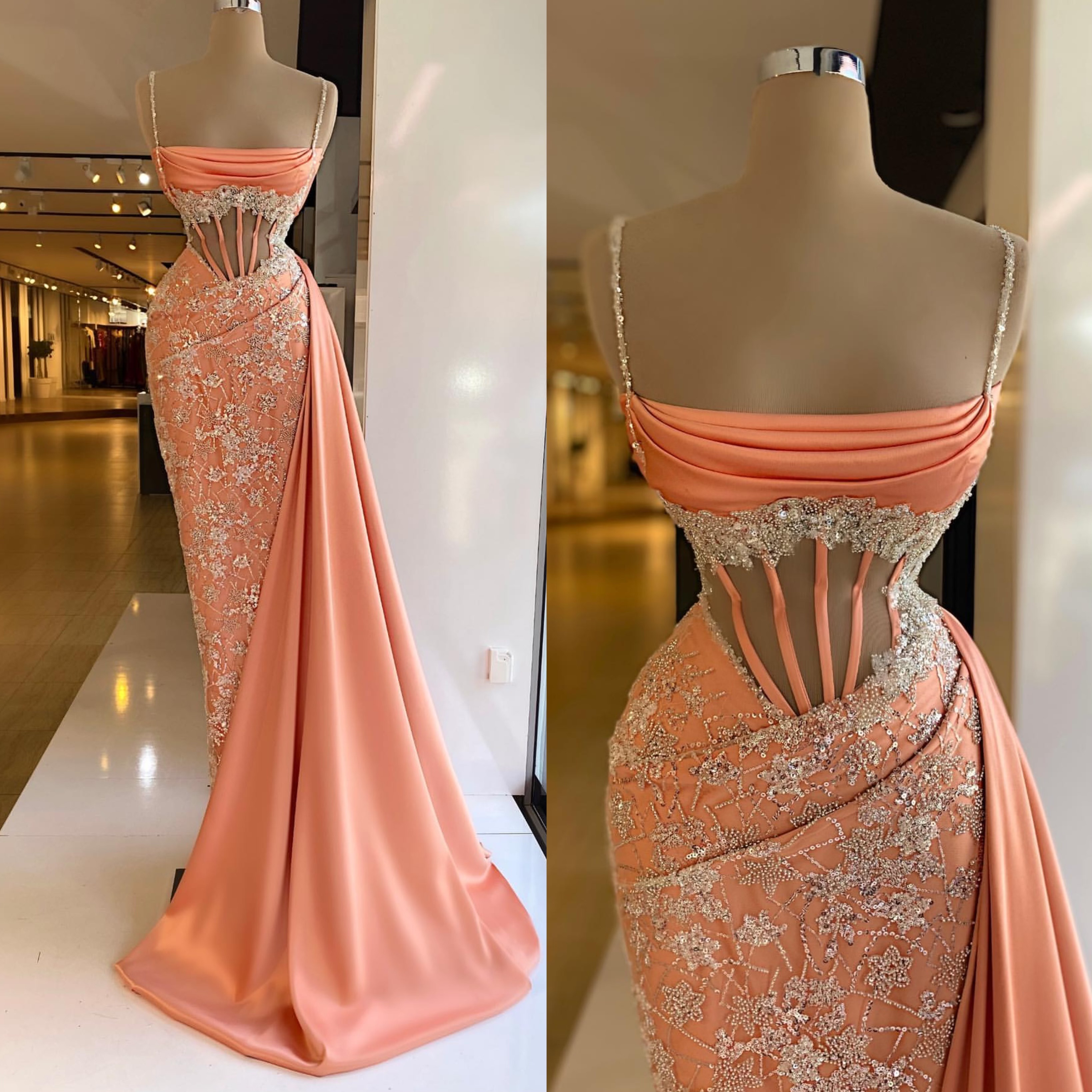 Gorgeous coral mermaid Evening Dresses elegant illusion bodice spaghetti Prom Dress pleats Sequins Beads Custom Made Formal dresses for women