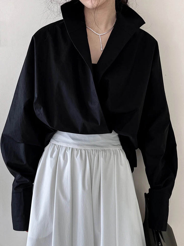 EAM Womens White Short Size Large Elegant Shirt V-neck Long Sleeve Fashion Trend Spring and Autumn 1DH4759 241115