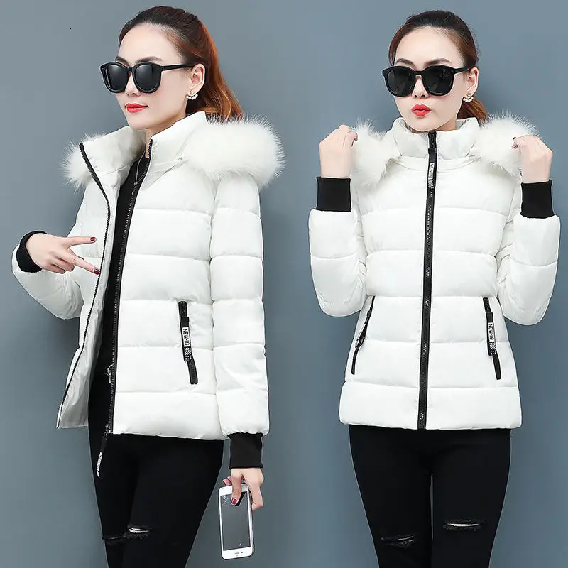 Winter Parka Jacket Fur Collar Hooded Basic Coat Female Warm Zipper Short Cotton Padded Outerwear 241108