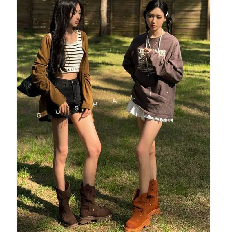 2024 Cow Fleece Leather Western Small and Medium Leg Boots for Women Round Toe Block Boots for Autumn and Winter Ankle Boots for Women Q229 241115