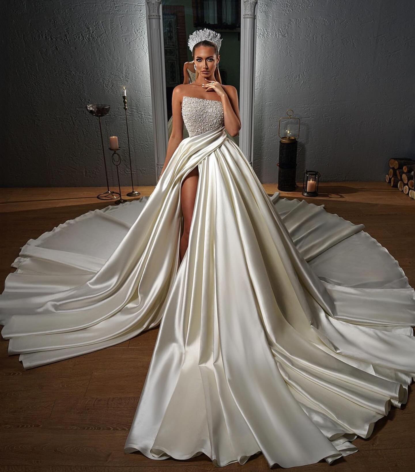Vintage A e Dress for bride Sheer jewel pearls satin Wedding Dresses bridal gowns vestidos novia thigh split countries robe de mariage
