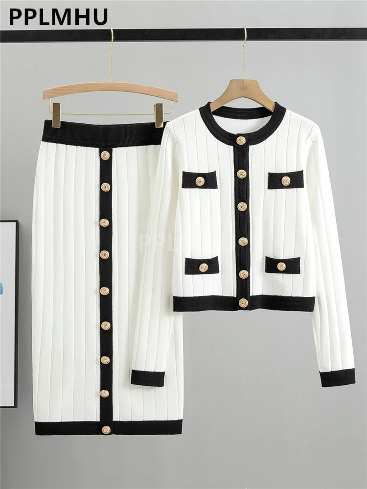 Women Slim Oneck Short Sweater Cardigan 2 Piece Suits Korean Vintage Knit Skirts Sets Chic Button Malhas Faldas Conjunto 241115