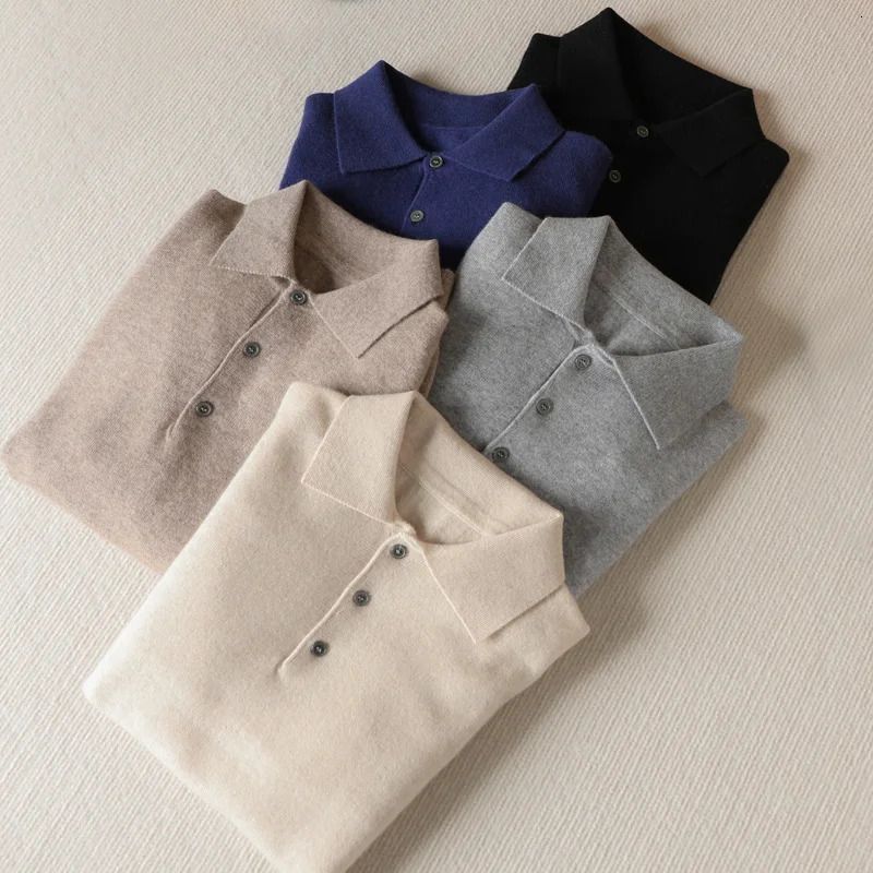 Mens 100% cashmere sweater polo shirt knitted winter soft rubber long sleeved highend warm pull autumn C 241115
