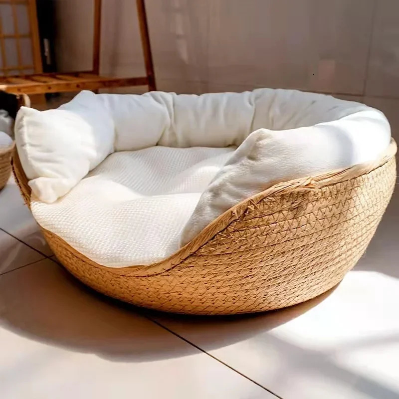 Pet cat cushion dog bed sofa handmade bamboo weaving comfortable for all seasons nest basket waterproof detachable cushion bedroom 241115