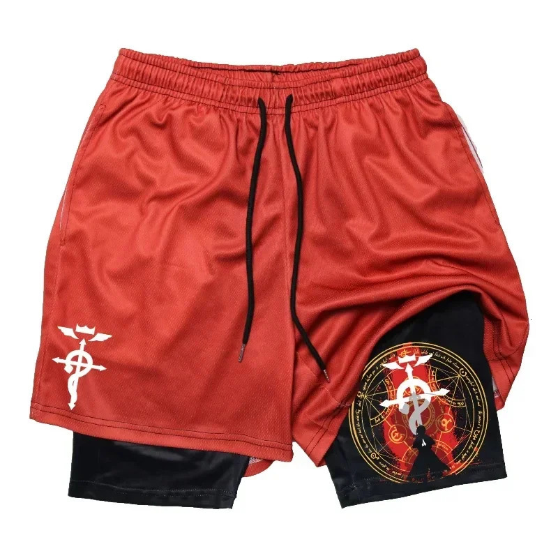 Anime Fullmetal Alchemist Gym Workout Shorts for Men 2 in 1 Compression with Pockets 5 Inch Quick Dry Running Fitness 240411