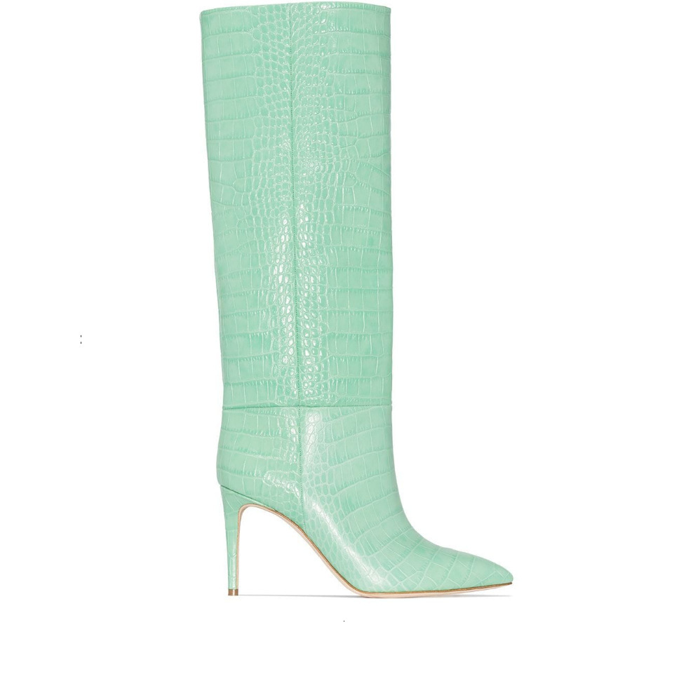 2024 Winter New Foreign Trade Pointed, Fine Heels, Ultra High Heels, Serpentine Pattern, European and American Fashion Show, Large Size Long Boots, Wo
