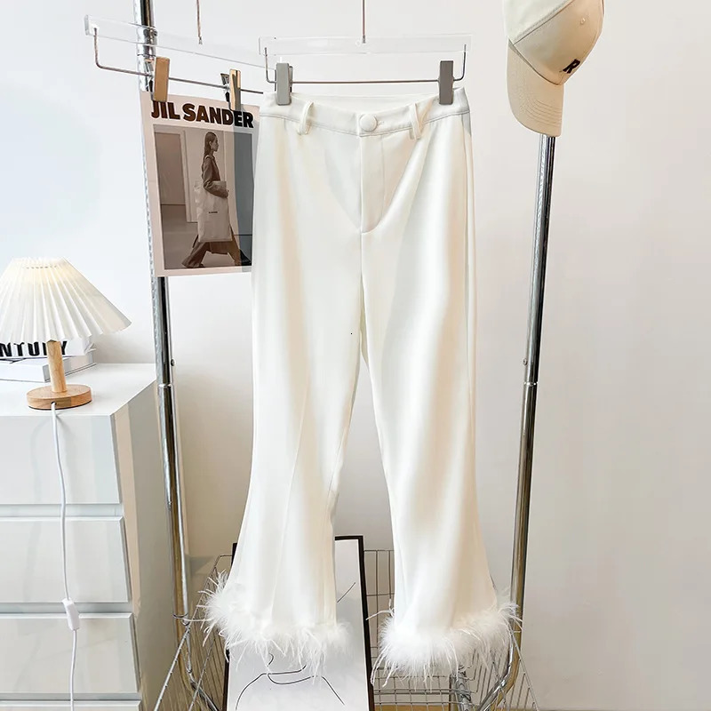 Autumn Spring y n Street Wear Women Two Piece Suit Feathers White Blazer Pants Sets Top Quality 241115