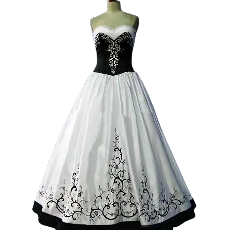 Classic Black And White A Line Wedding Dresses Embroidery Beaded Sweetheart Floor Length Satin Wedding Gown 2024 Vintage Gothic Bride Dress