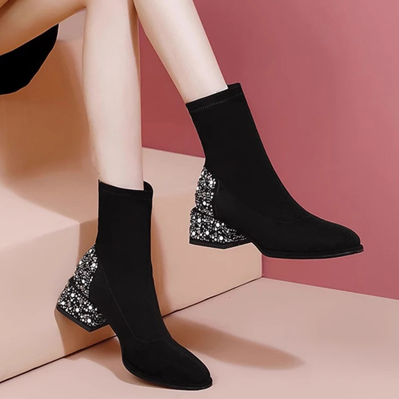 Crystal Womens Ankle Boots Winter Suede High Heels 2025 Thick Skirt Pump Snow Boots Chercibotas Mujer 241115
