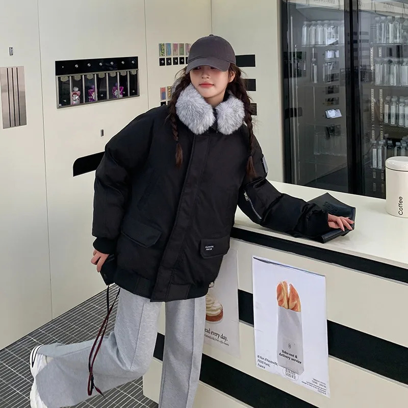 Fashionable Retro Womens Fur Collar Parker Cotton Coat Winter Style Casual Thick Warm Loose Jacket 241115