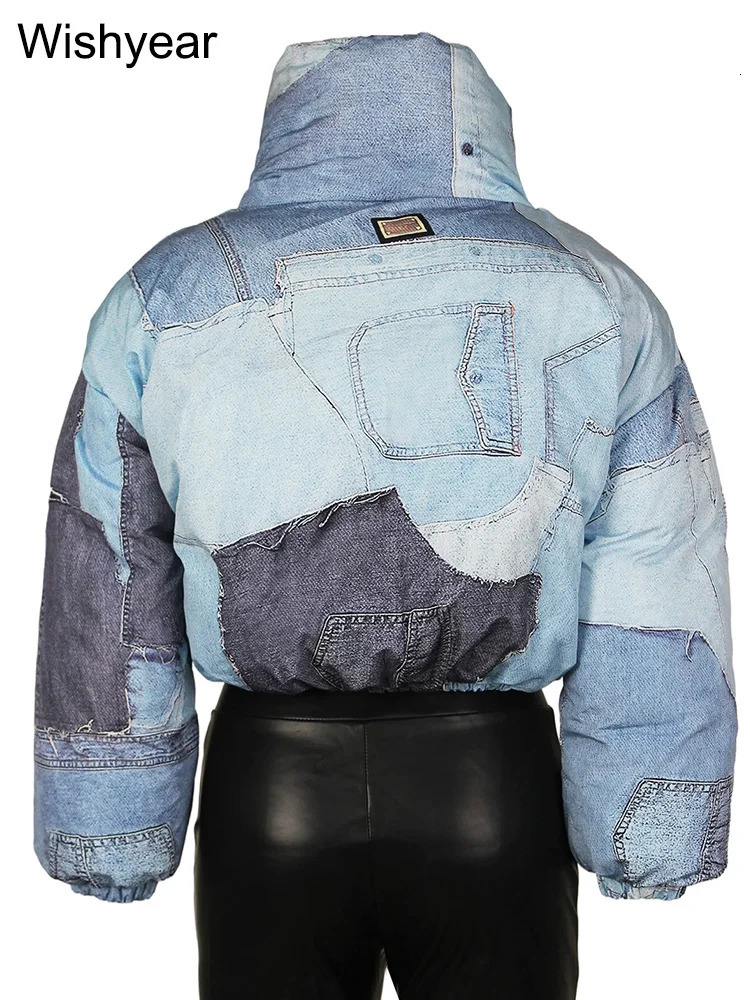 Fashion Winter Warm Stand Collar Long Sleeve Zipper Short Cotton Padded Jacket Club Tops Streetwear Printed Parkas Coats 241108