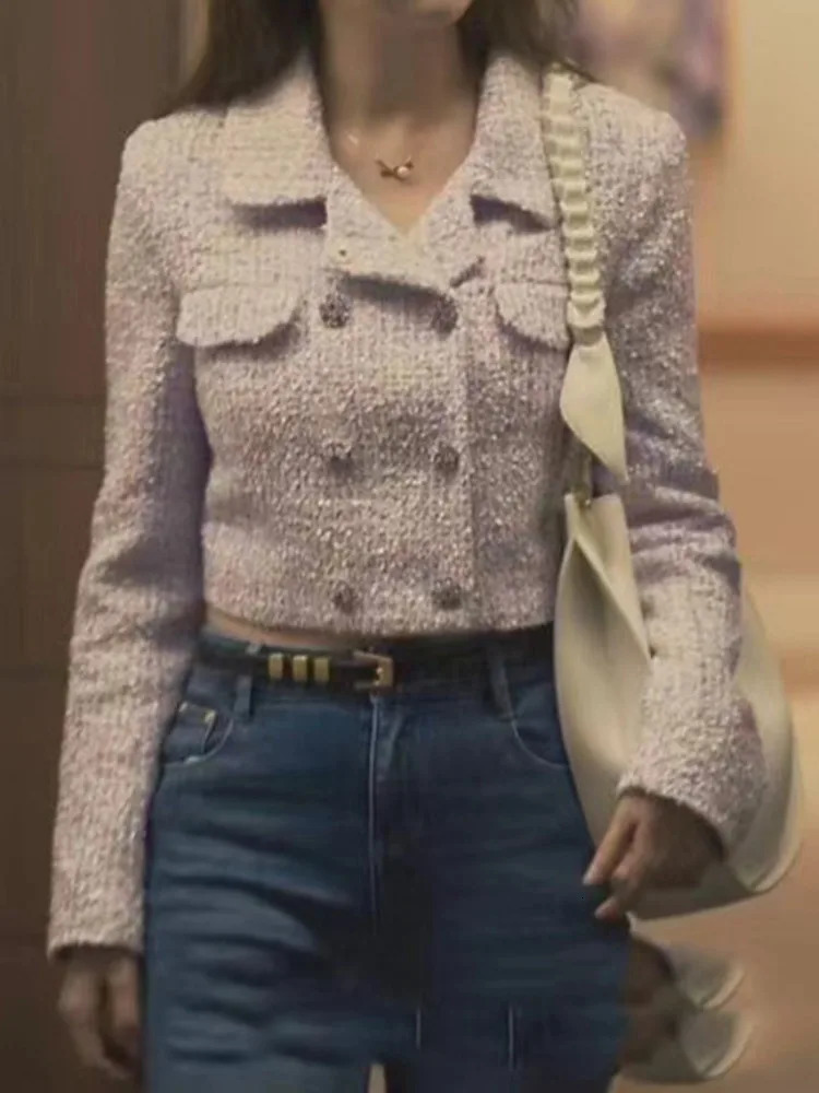 UCXQ Elegant Fashion Jacket European Style Collar Double Chest Casual Full Match Womens Coarse Floral Coat Spring/Summer 1381 241115