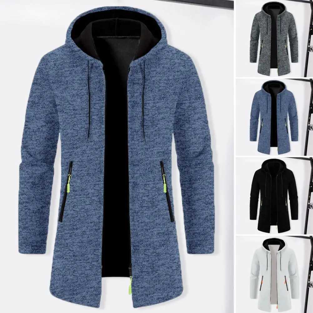 Winter Long Trench Coat 2023 Knit Sweater Jacket Fleece Wind Breaker Navy Turn-down Hoodies Zipper Cardigan Male Overcoat Autumn W250524
