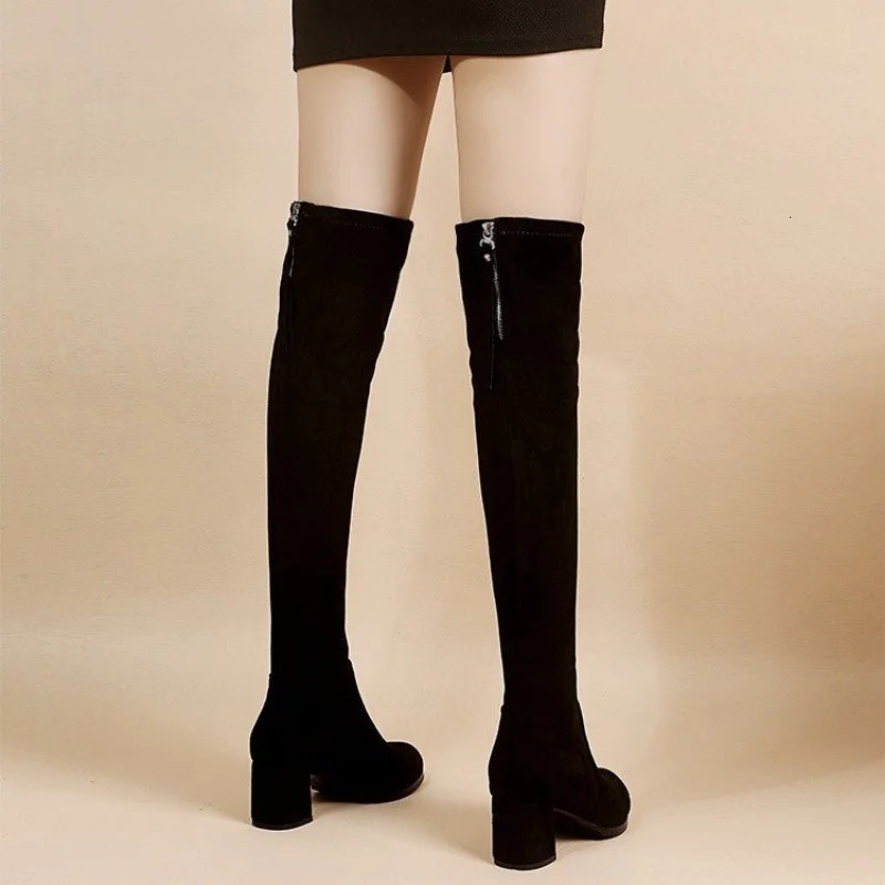 artificial suede womens high heels autumn zipper elastic knee high boots womens lace high heels black Botas drone 241213