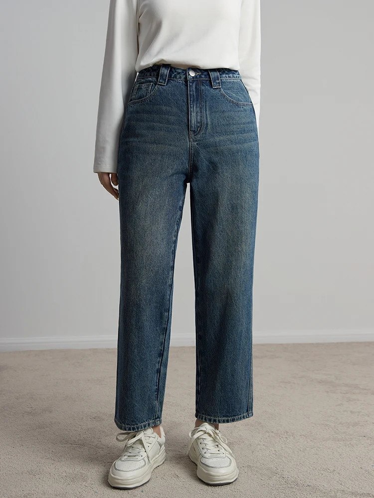 DUSHU High Waist Retro Denim Blue Women Winter Straight Long Jeans Twill Thick Female White Pant Tapered jean 241115
