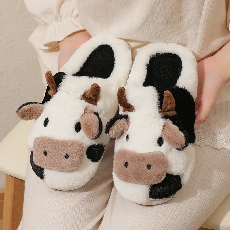 Winter Unisex Cartoon Cow Warm Plush Slippers Couples Indoor Nonslip House Mule Men And Women Toe Wrap Home Cotton Shoes 241115