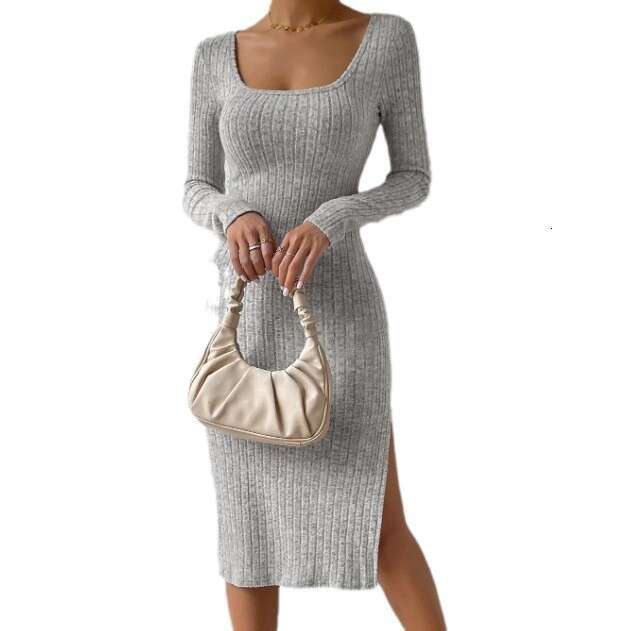 Autumn and winter new square collar long sleeved hem slit jacquard brushed dress for women