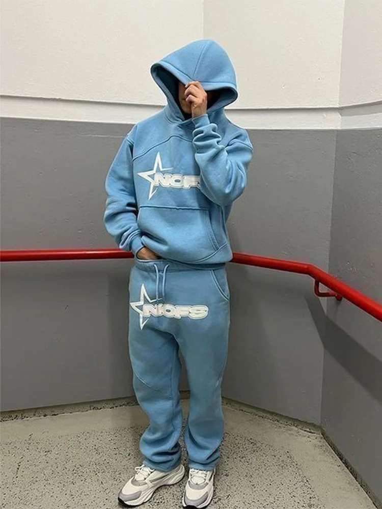 Trendy Kangaroo Pocket Hoodie And Sweatpants 2 Piece Set For Man Casual Letter Printed Outfits 2024 Elastic Waist Pants Suit 241115