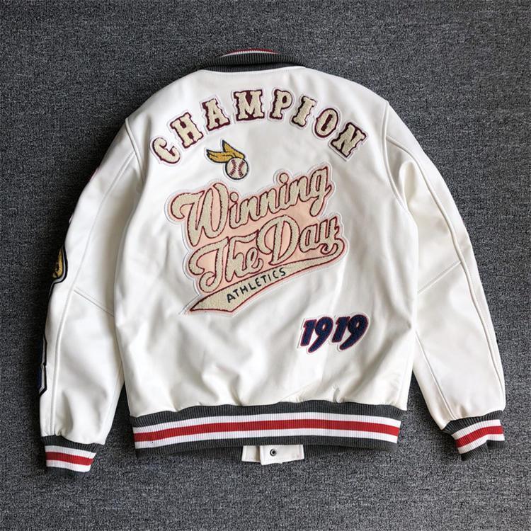Autumn and Winter New Top Coat Leather Baseball Jacket Mens Genuine Leather Fashion Leather Jacket Heavy Industry Embroidery White Short Coat ins 2408