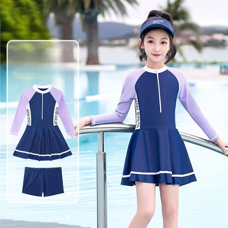 One Pieces Children Swimwear Kids Long-sleeve Swimsuit For Girl With Underwear Teenager Girls Summer Beach Bathing Suit 240412
