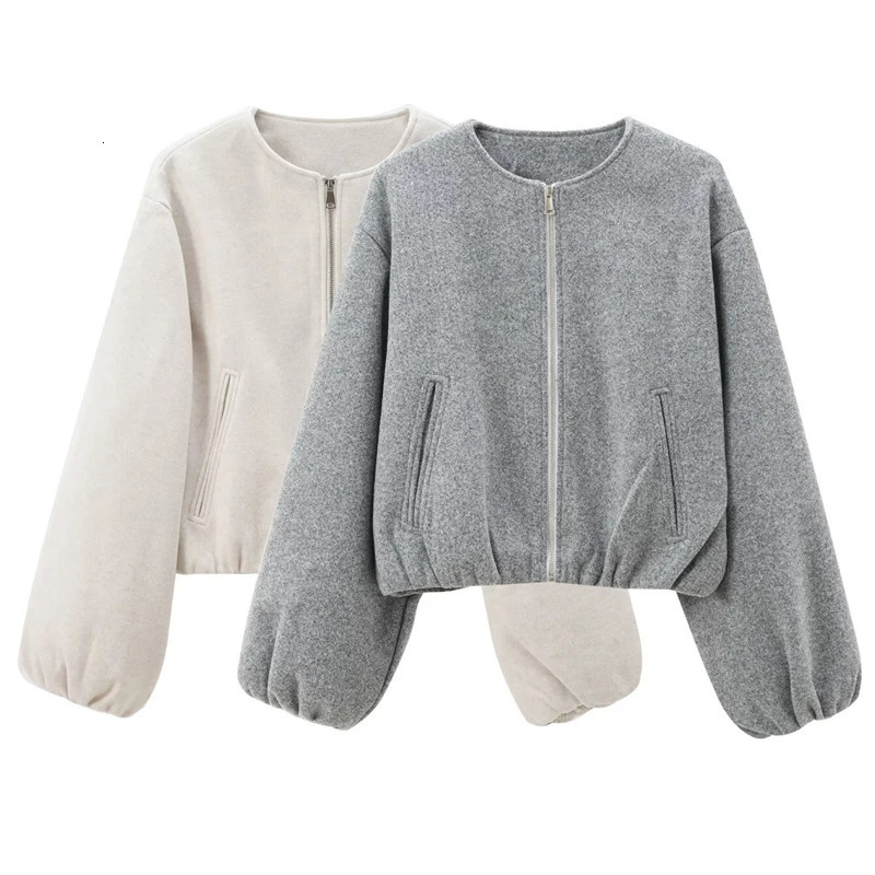 HXAO coarse woolen crop jacket womens womens bomber jacket soft gray beige jacket autumn long sleeved O-neck jacket casual jacket 241115