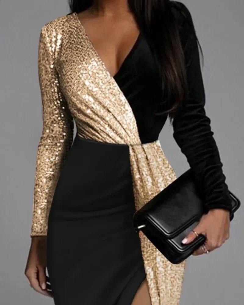High Waist Party Dress Elegant Black Gold Sequins Splice Long Sleeve Prom Split Women Dresses 241116