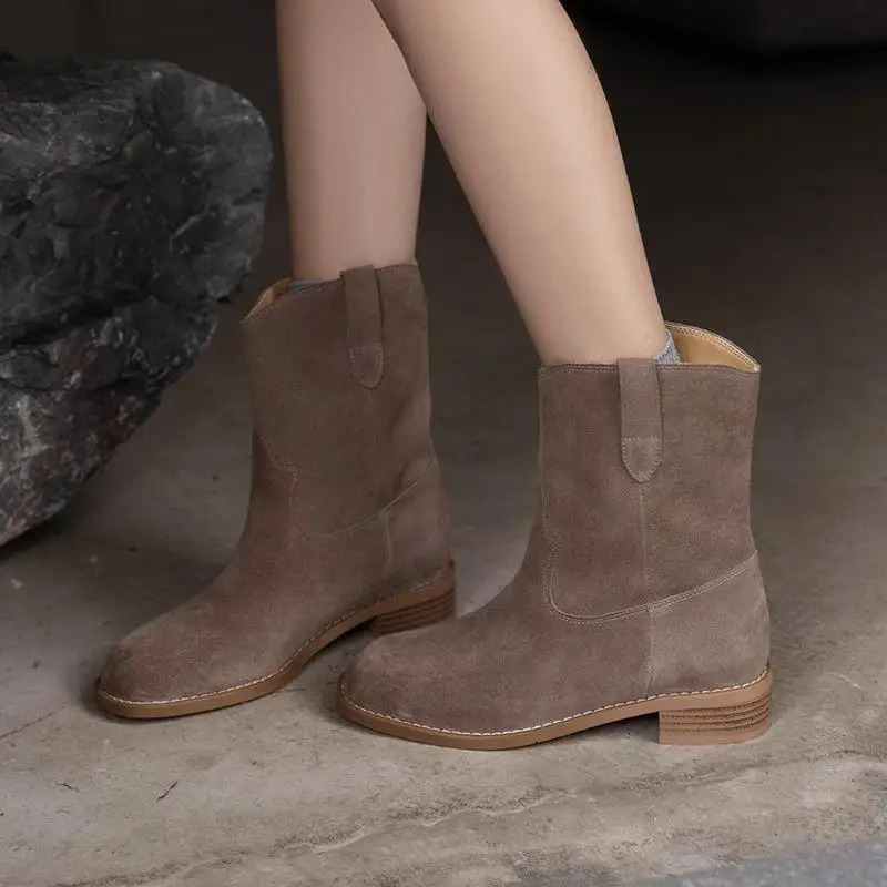 MORAZORA 2025 Genuine Leather Boots for Women Square Middle Heel Retro Denim Suede Western Style Boots Pulled onto Denim Boots Womens Shoes 241115