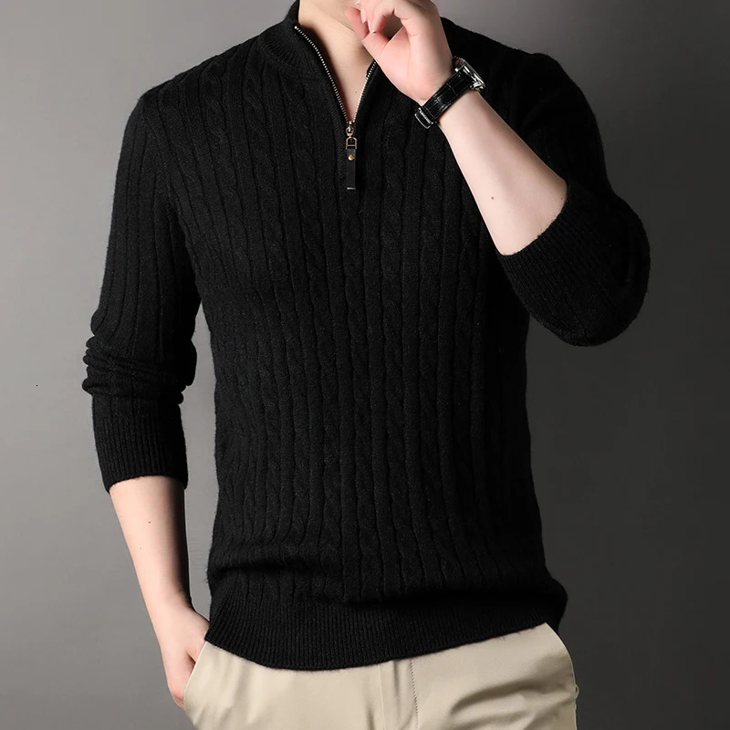 Winter Mens Quarter Zipper Sweatshirt Slim fit Casual Knitted Turtle Neck Pulling Plain Neck Polo Shirt 241112