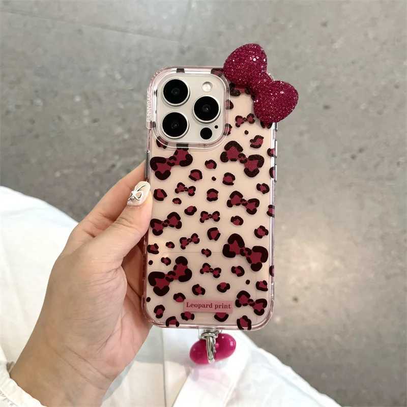 Phone case 3D Rhinestone Bow Leopard Print Phone Case For iPhone 15 Pro 12 13 14 Pro Max Cover with Cute Love Ch Silicone Cases Wen Z241102