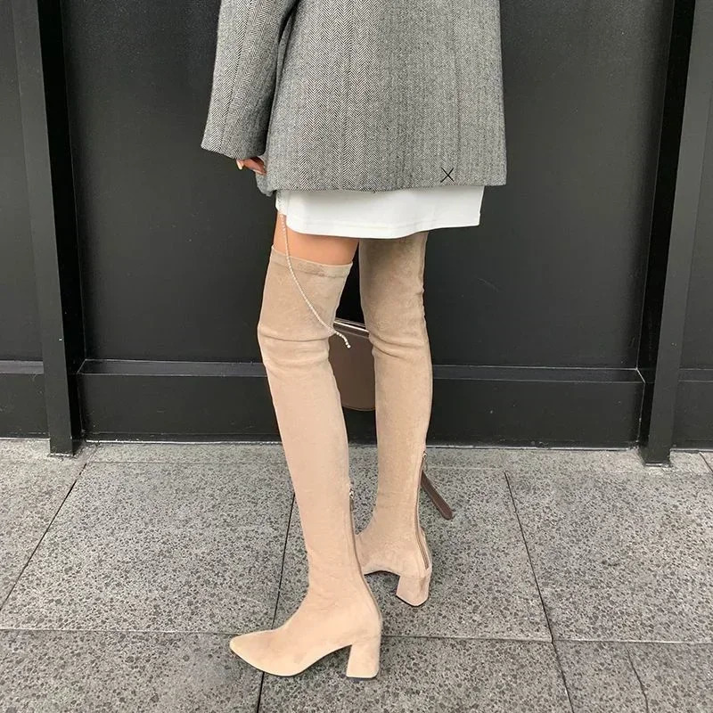 Over The Knee High Boots Womens Pointed Toe High Heels Chelsea Snow Boots 2024 Trend Winter Suede Sexy Chunky Pumps Zapatos Mujer 241115