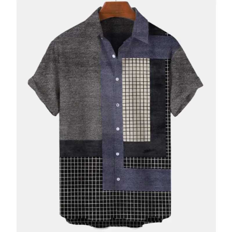 Men's Casual Shirts Mens casual fashion patch plaid 3D printed button up collar short sleeved shirt 240416