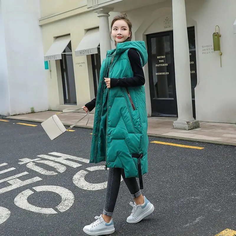 ultra-fine cotton vest sleeveless jacket for womens autumn and winter hooded waist jacket inflatable park long warm cotton jacket 241111