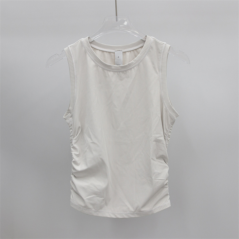 Womens Yoga T-shirt Summer Top Womens Ribbed Round CollarSleeveless Elastic Drawstring Sports Fitness Solid Color