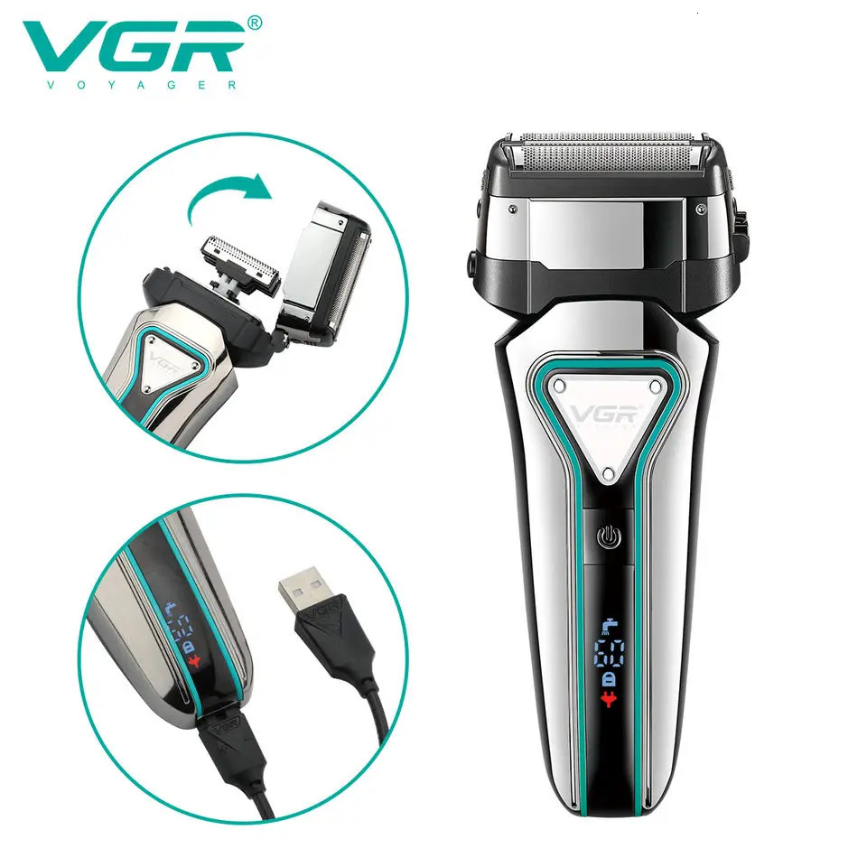 VGR 3D Mens Washable Wet Dry Electric Shaver Rechargeable Face Electric Razor bald Washable Beard Shaving Machine LCD Display 241115