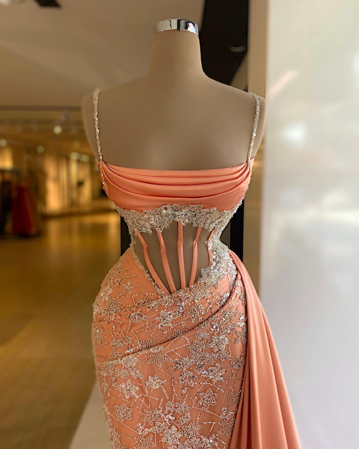 Gorgeous coral mermaid Evening Dresses elegant illusion bodice spaghetti Prom Dress pleats Sequins Beads Custom Made Formal dresses for women