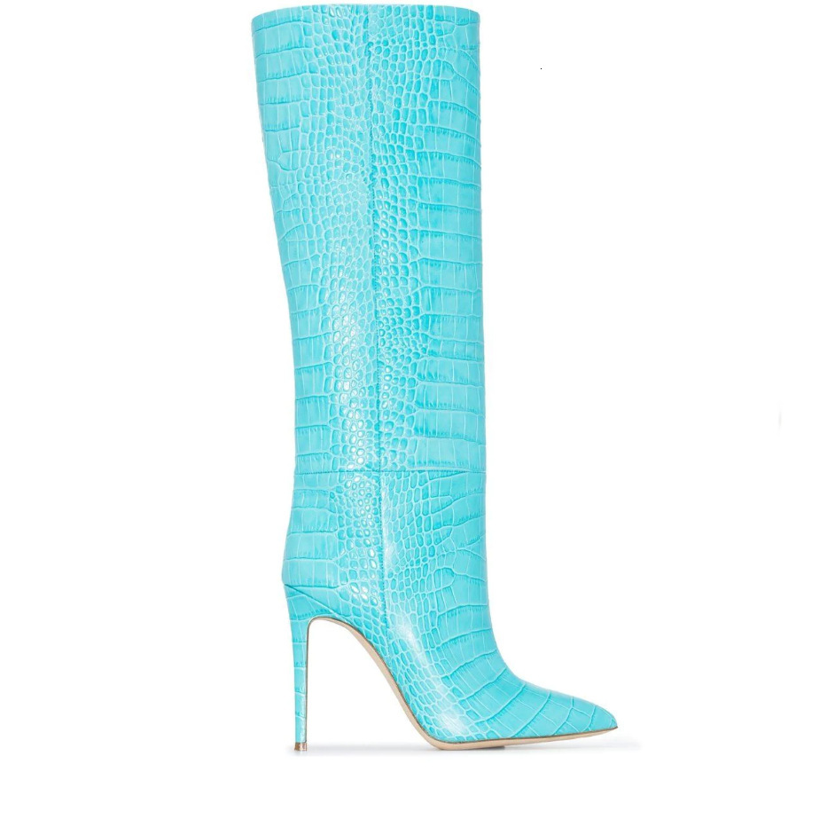 2024 Winter New Foreign Trade Pointed, Fine Heels, Ultra High Heels, Serpentine Pattern, European and American Fashion Show, Large Size Long Boots, Wo