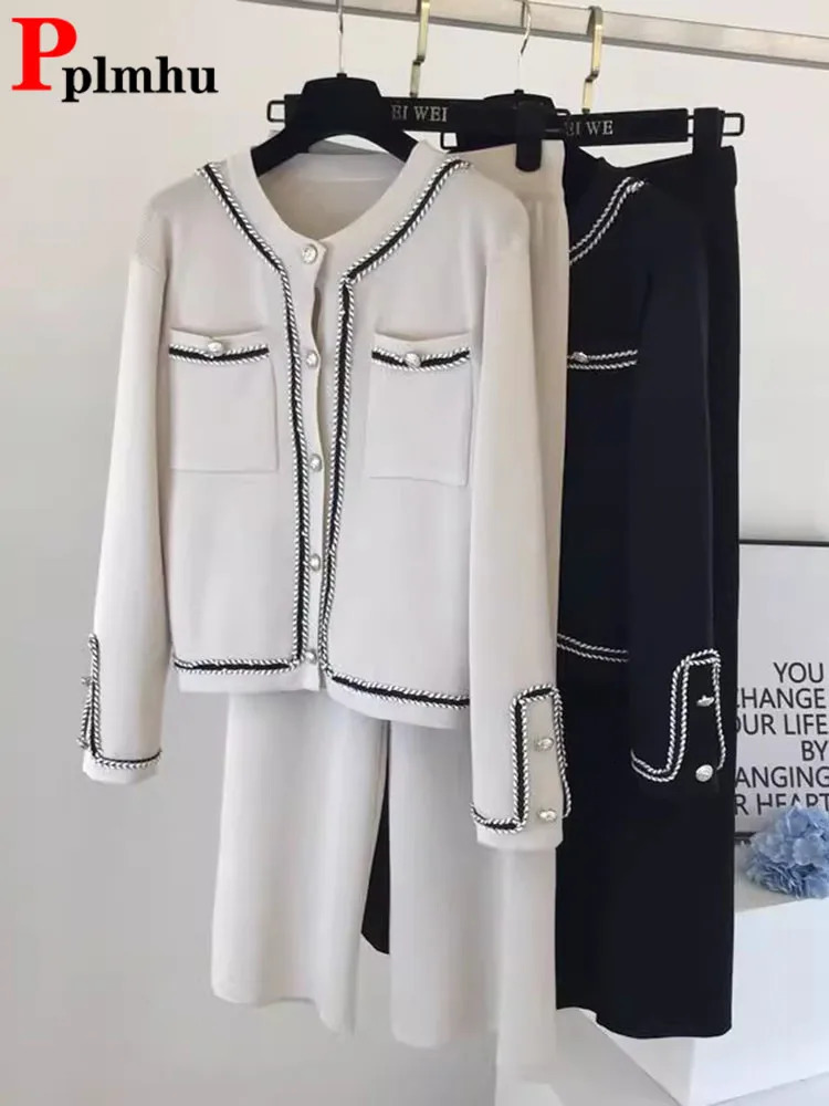 Women Knitted Sweater 2 Pieces Sets Korean Cropped Knitwear Cardigan Tops Conjuntos High Waist Ankle Length Wide Leg Pants Suits 241115