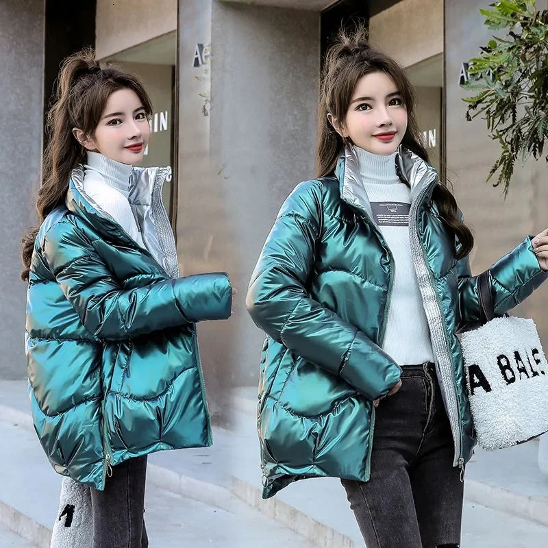 2023 Winter Short Parka Jacket Women Thick Cotton Padded Coats Female Stand Collar Loose Puffer Parkas Down Jackets Outwear 241115