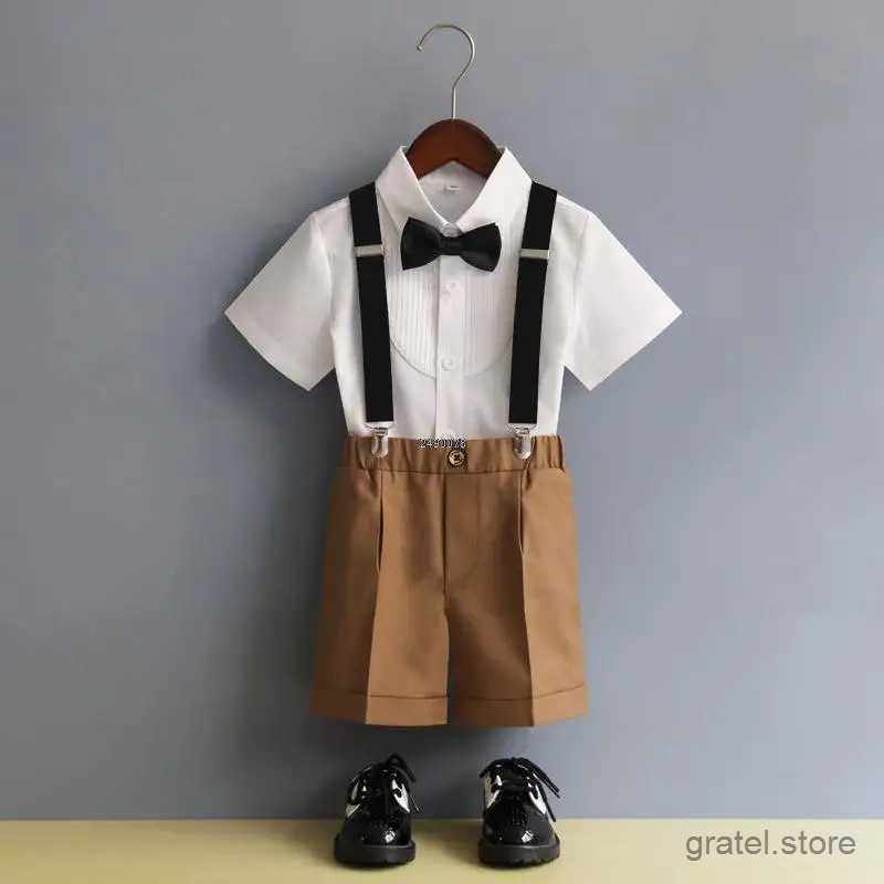 Suits Children Formal Strap Shirt Short Bowtie Clothing Set Kids Summer Photograph Birthday Dress Boys Piano Performance Dance Costume
