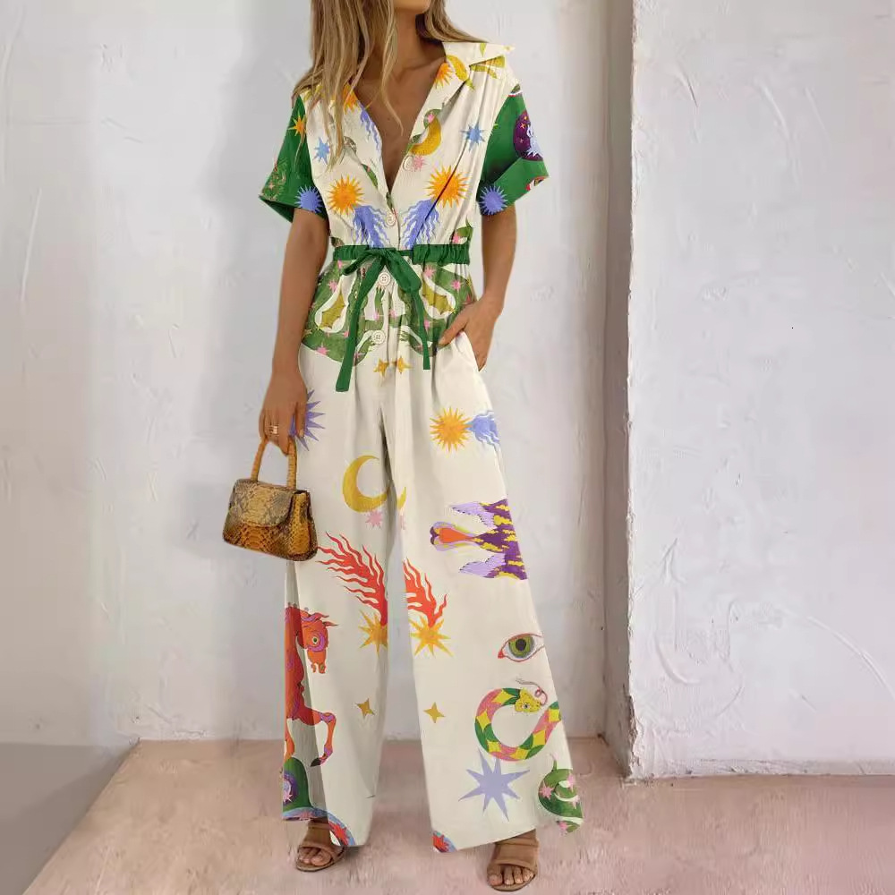 Street Style Womens Printed Cotton Pants Jumpsuit High Waist Casual 240416
